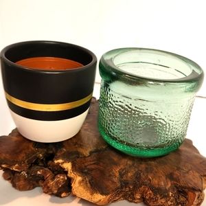 Lot 2 succulent pots, black, white, and gold ceramic, and‎ heavy green glass